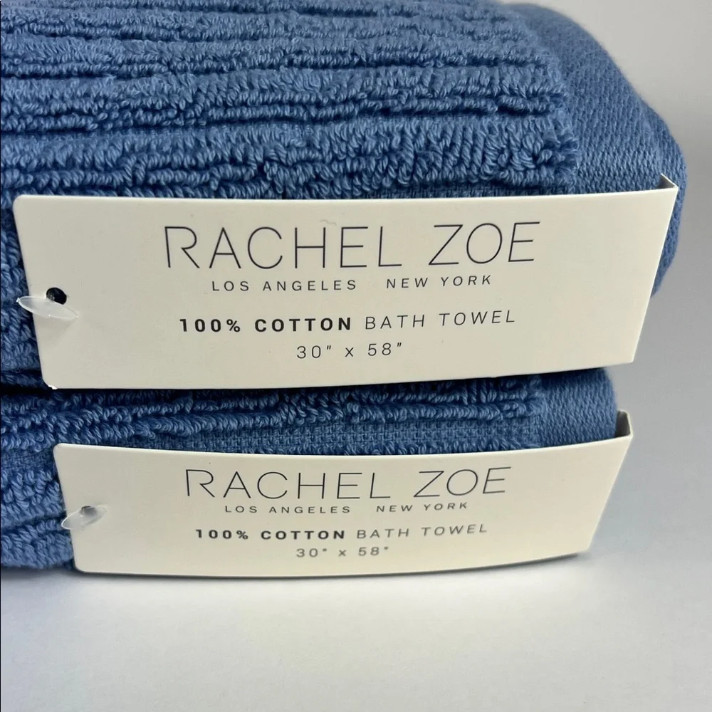 2 Pc Rachel Zoe Bath Towels Oversized Blue Ribbed Soft 100% Cotton NEW